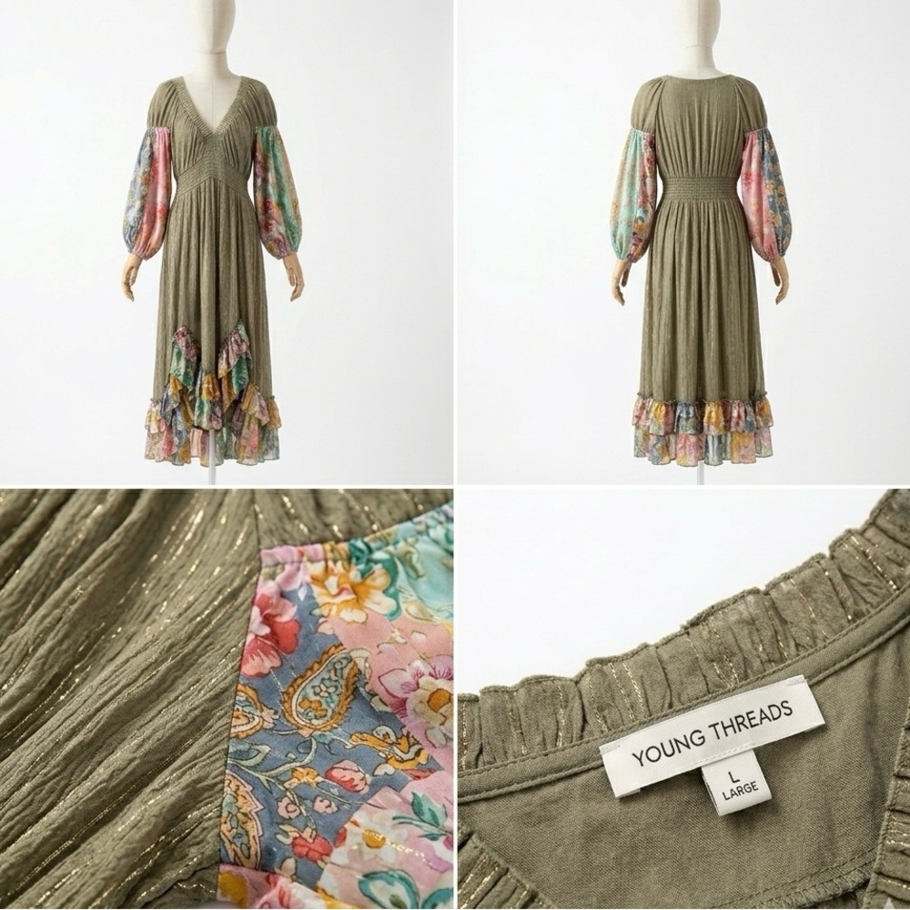 Young Threads Boho Patchwork Maxi Dress Olive Gre… - image 2